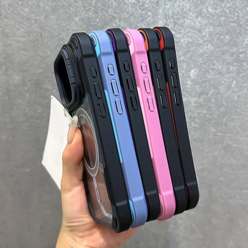 Fold Lens Stand Protection For Magsafe Case For iPhone 16 12 13 11 14 15 Pro Max Plus Magnetic Armor Shockproof Bumper Cover