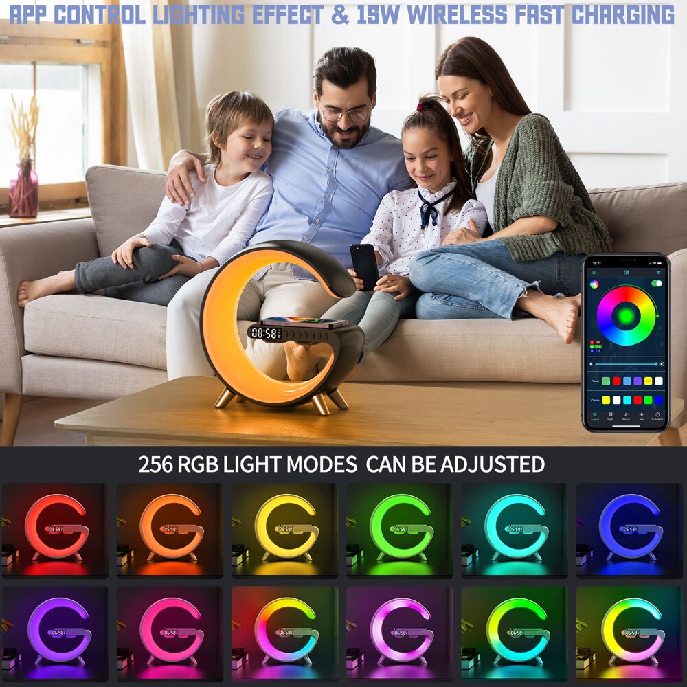 مصباح LED ذكي للاستيقاظ مع مكبر صوت بلوتوث 15 وات شحن لاسلكي مصباح طاولة لغرفة النوم وغرفة الألعاب