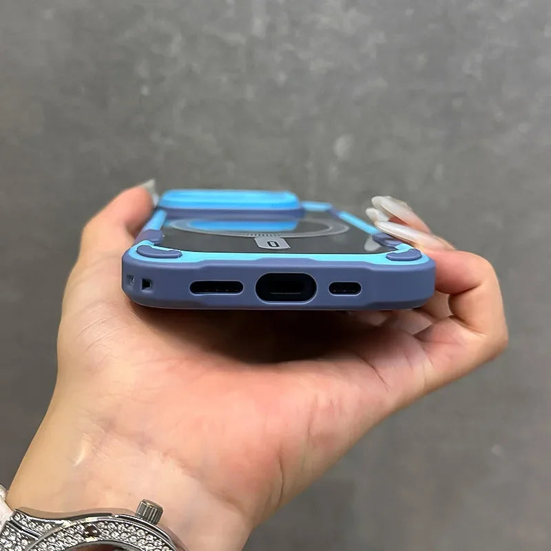 Fold Lens Stand Protection For Magsafe Case For iPhone 16 12 13 11 14 15 Pro Max Plus Magnetic Armor Shockproof Bumper Cover