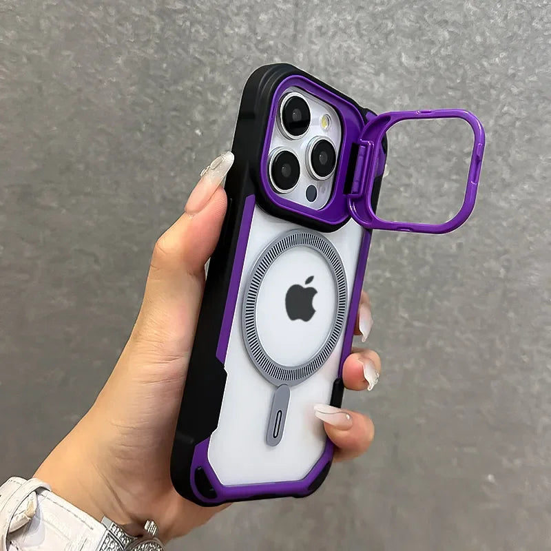 Fold Lens Stand Protection For Magsafe Case For iPhone 16 12 13 11 14 15 Pro Max Plus Magnetic Armor Shockproof Bumper Cover