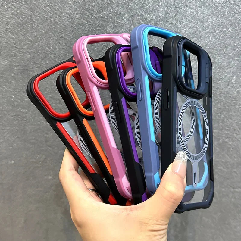 Fold Lens Stand Protection For Magsafe Case For iPhone 16 12 13 11 14 15 Pro Max Plus Magnetic Armor Shockproof Bumper Cover