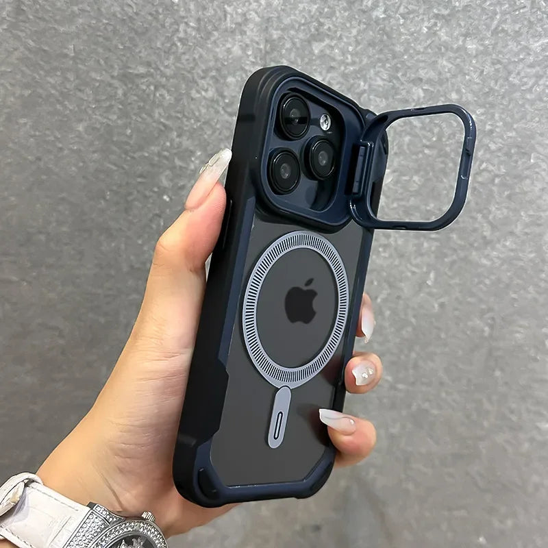 Fold Lens Stand Protection For Magsafe Case For iPhone 16 12 13 11 14 15 Pro Max Plus Magnetic Armor Shockproof Bumper Cover