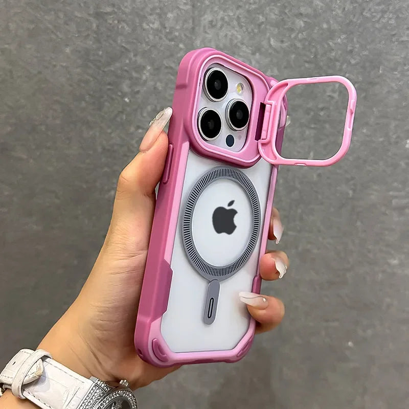 Fold Lens Stand Protection For Magsafe Case For iPhone 16 12 13 11 14 15 Pro Max Plus Magnetic Armor Shockproof Bumper Cover