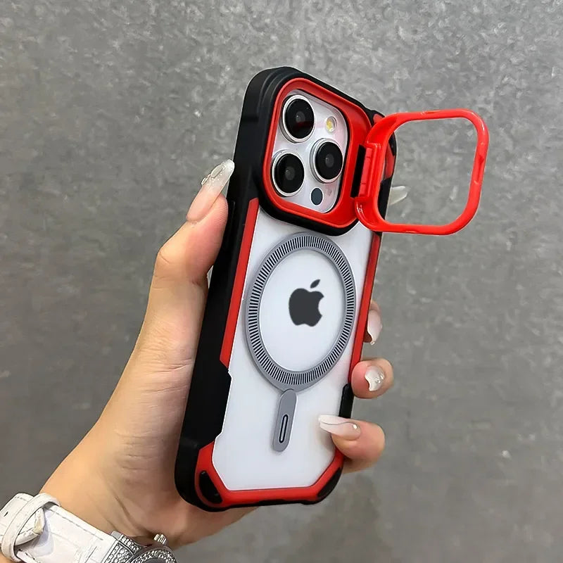 Fold Lens Stand Protection For Magsafe Case For iPhone 16 12 13 11 14 15 Pro Max Plus Magnetic Armor Shockproof Bumper Cover