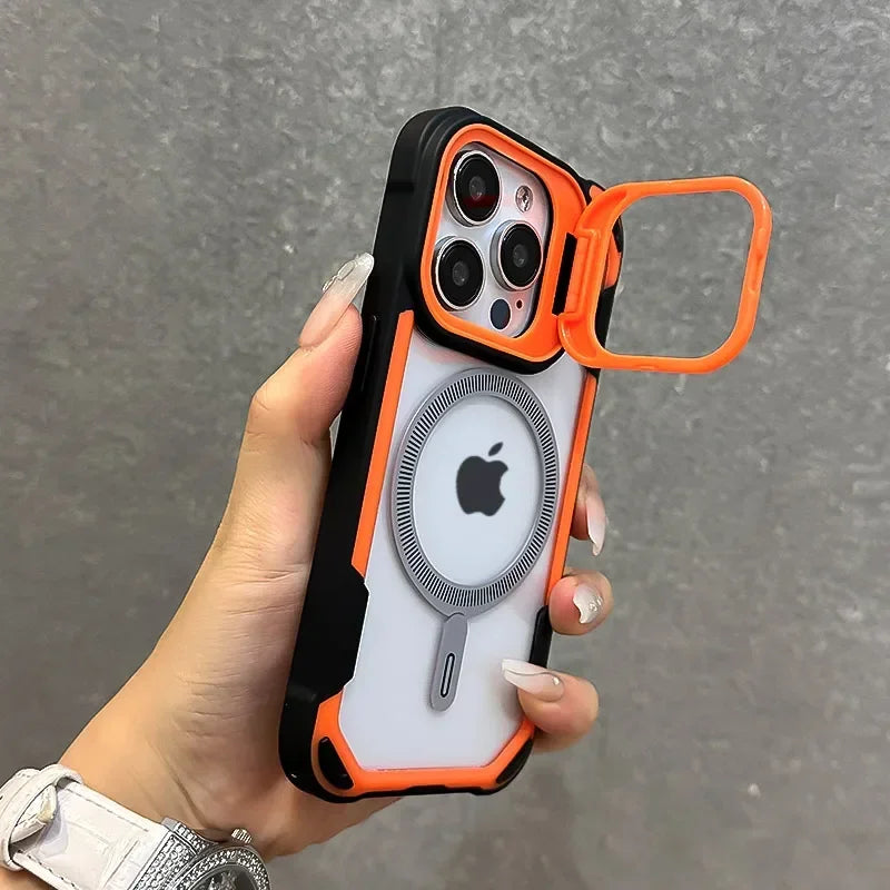 Fold Lens Stand Protection For Magsafe Case For iPhone 16 12 13 11 14 15 Pro Max Plus Magnetic Armor Shockproof Bumper Cover